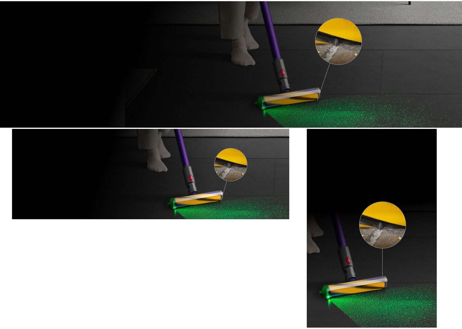 Dyson Fluffy Optic cleaner head illuminating dirt and picking up debris from the floor, with a close-up of the filaments removing dust.